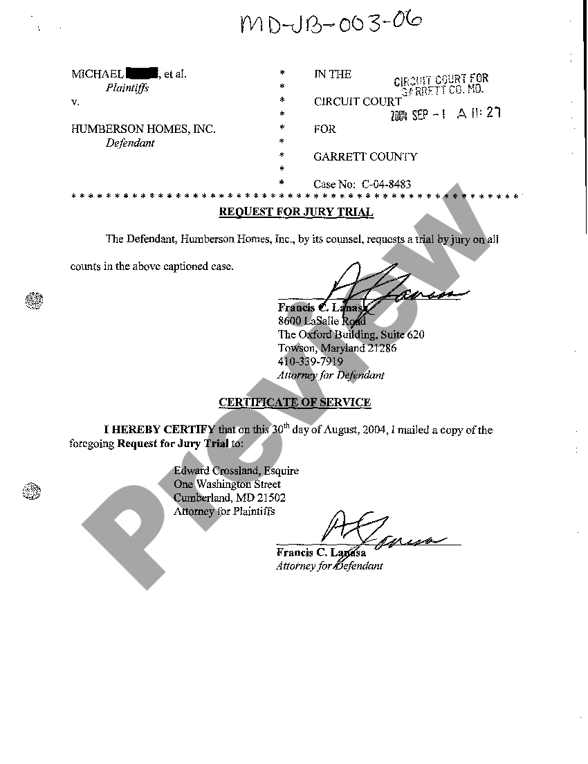 Maryland Request For Jury Trial US Legal Forms