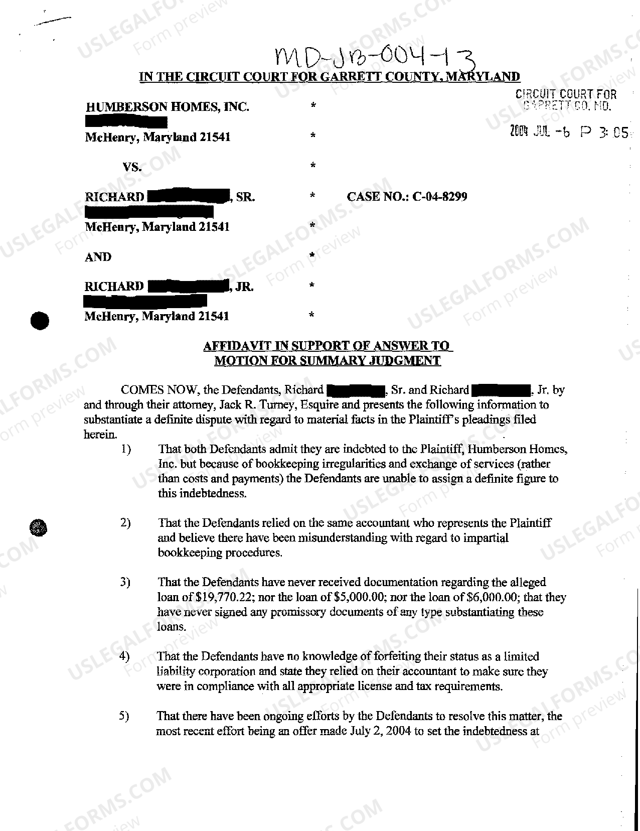 Maryland Affidavit In Support Of Answer To Motion For Summary Judgment ...