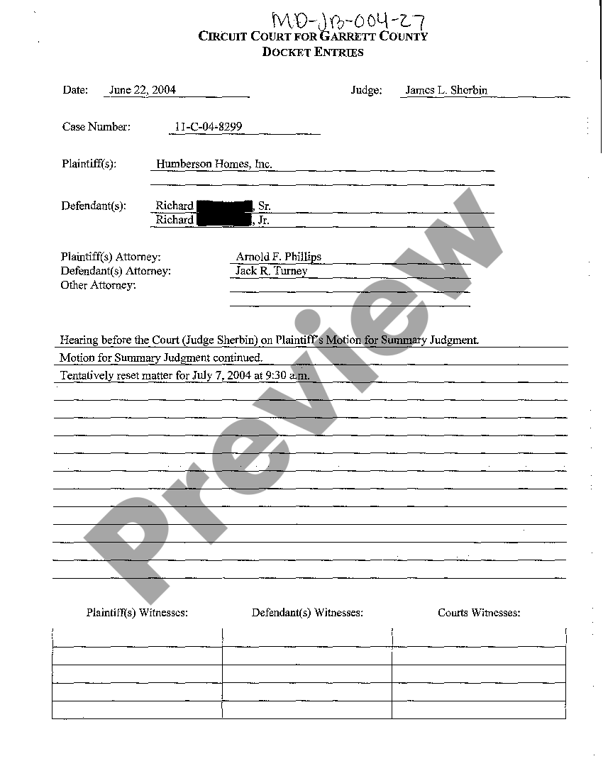 Maryland Docket Entries US Legal Forms
