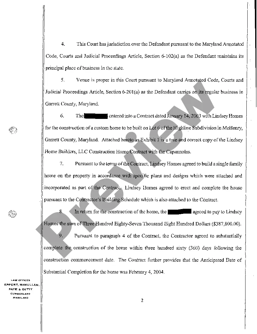Get A02 Complaint for Breach of Contract to Erect a Home Preview A02 Complaint for Breach of Contract to Erect a Home