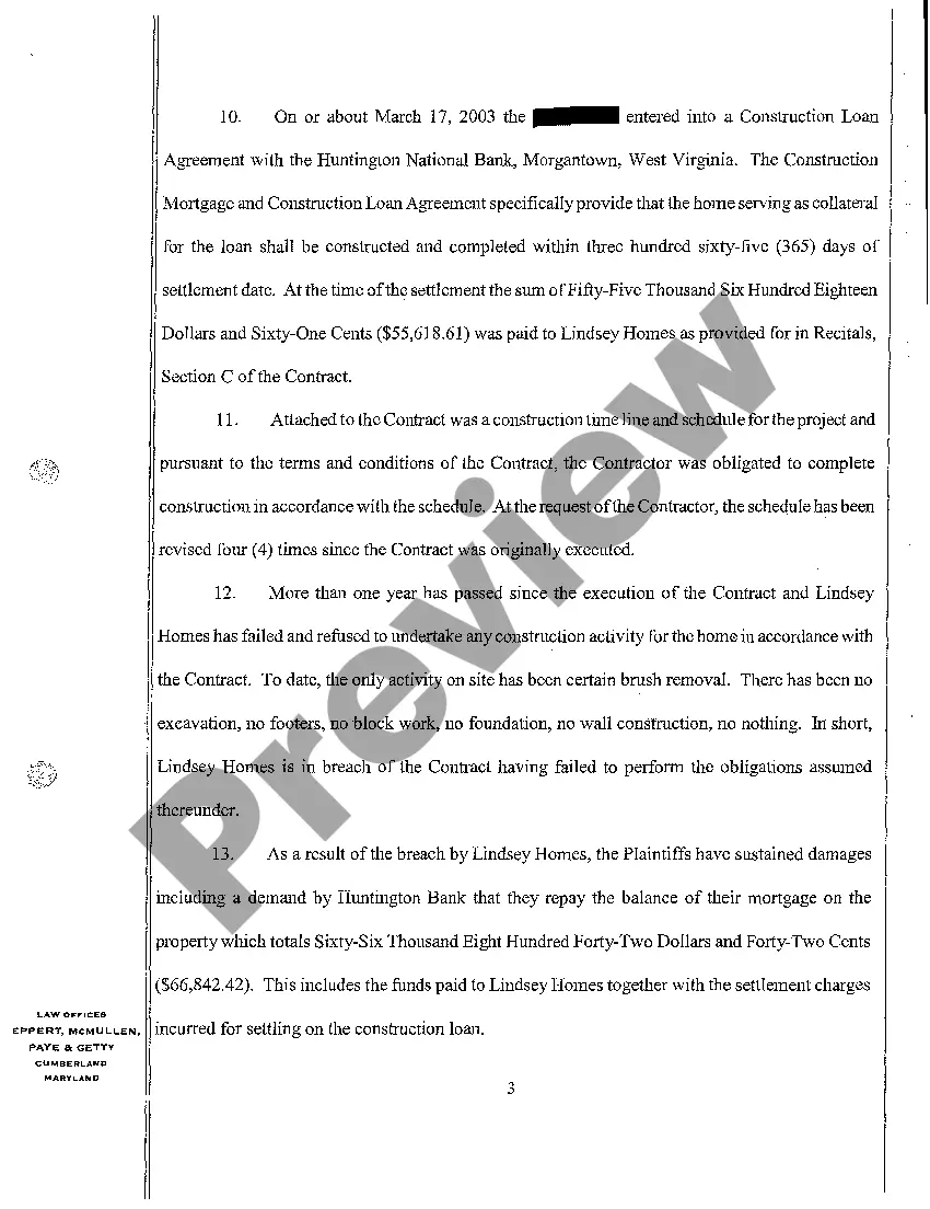 Get A02 Complaint for Breach of Contract to Erect a Home Preview A02 Complaint for Breach of Contract to Erect a Home