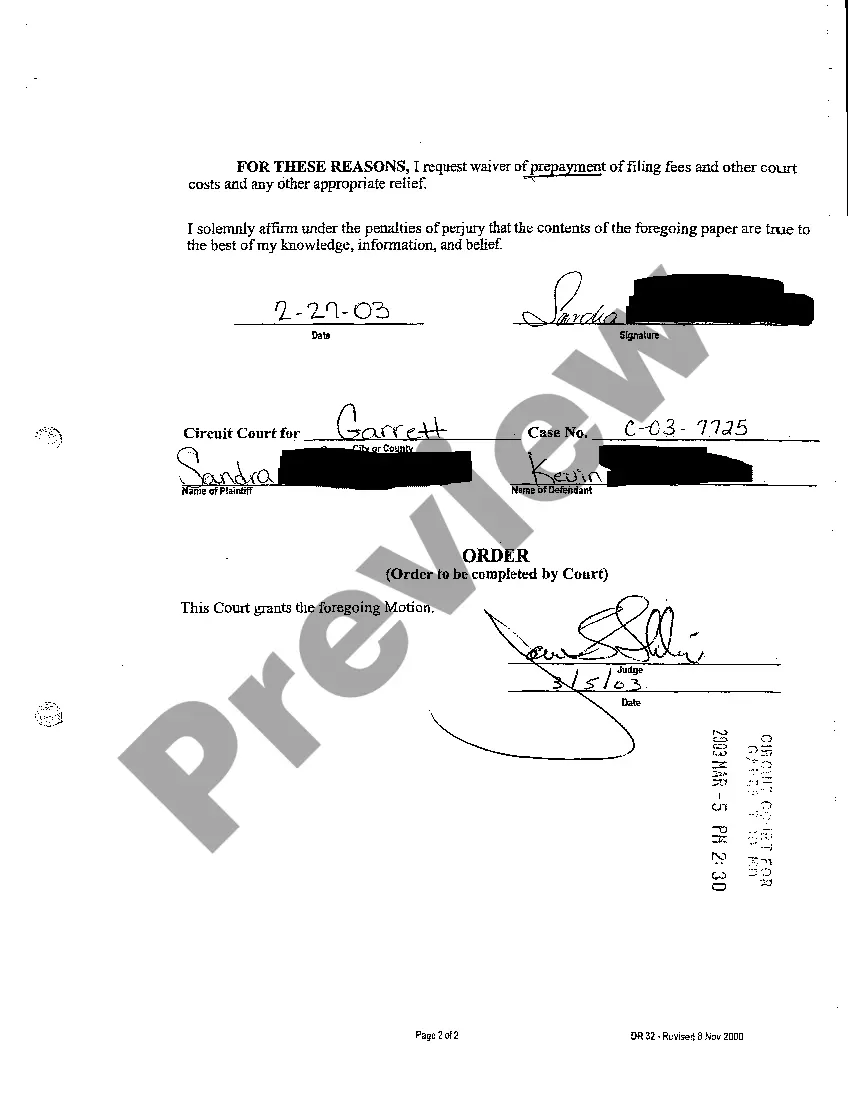 Preview A05 Motion For Waiver Of Prepayment Of Filing Fees and Other Court Costs