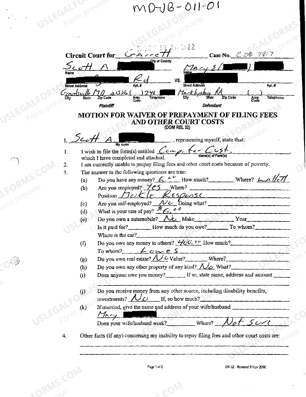 Maryland Motion For Waiver Of Prepayment Of Filing Fees and Other Court