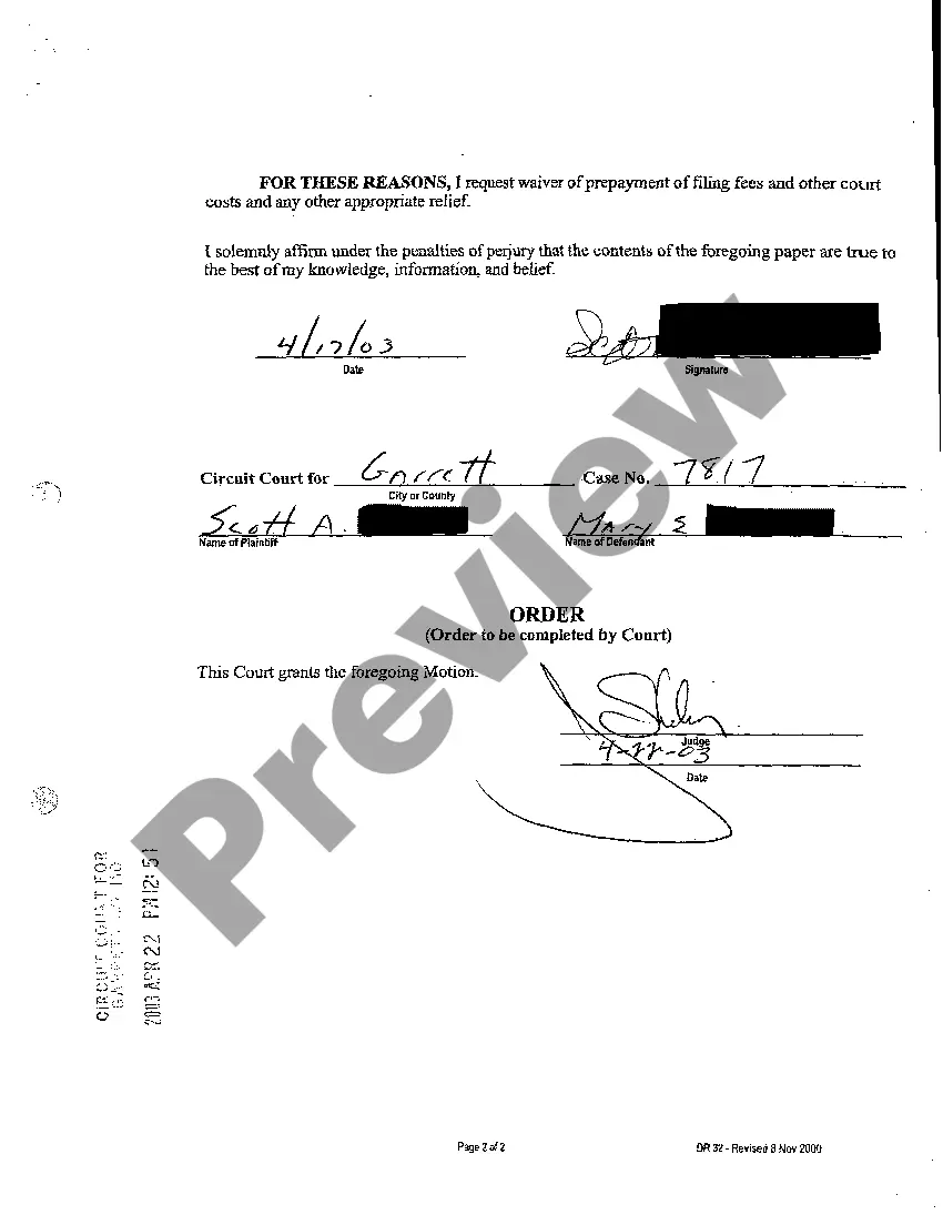 Preview A02 Motion For Waiver Of Prepayment Of Filing Fees and Other Court Costs