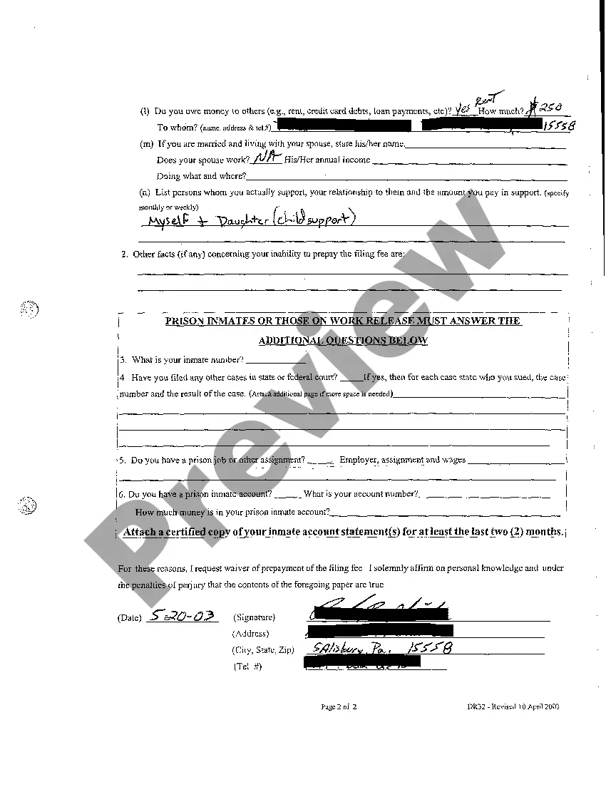 Preview A18 Request For Waiver Of Prepayment Of The Filing Fee