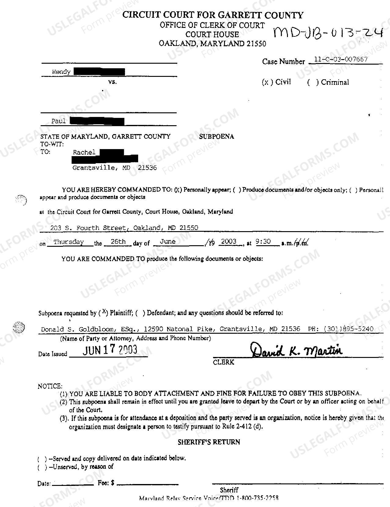 Maryland Subpoena US Legal Forms