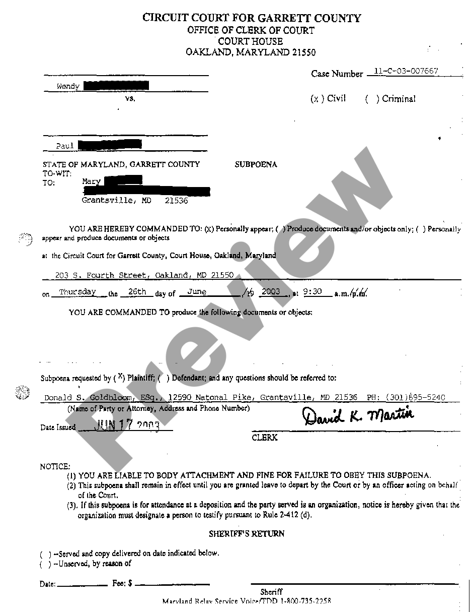 Maryland Subpoena | US Legal Forms