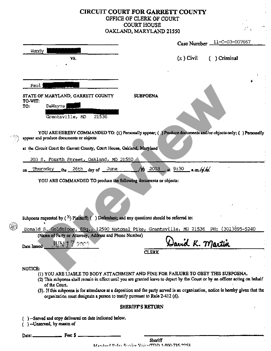 Maryland Subpoena | US Legal Forms