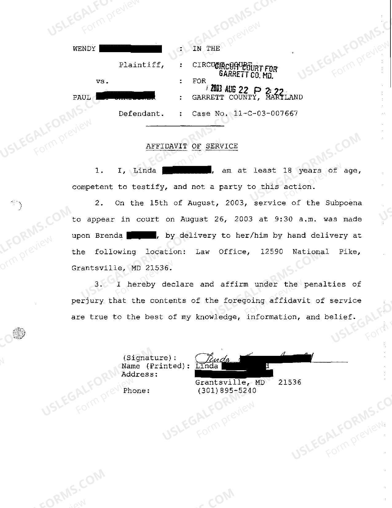 Maryland Affidavit Of Service US Legal Forms