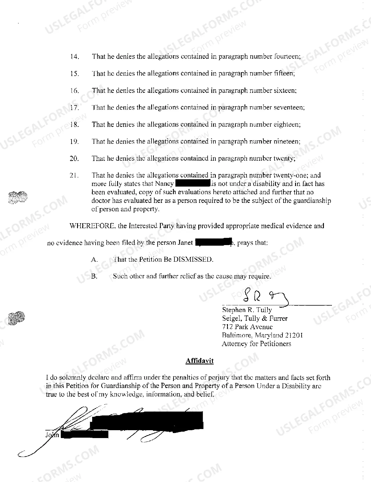 Preview A36 Answer to Complaint for Appointment of a Guardian of Person and Property and Other Relief