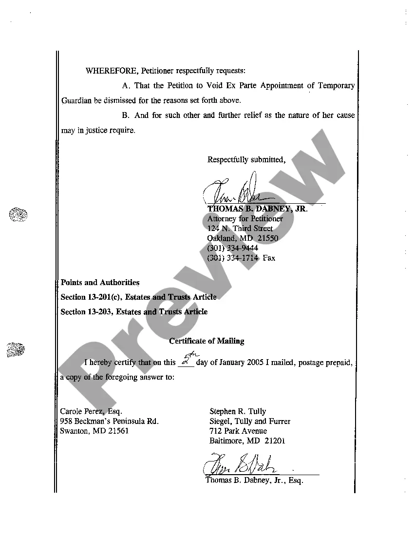 Preview A39 Answer to Petition to Void Ex Parte Appointment of Temporary Guardian