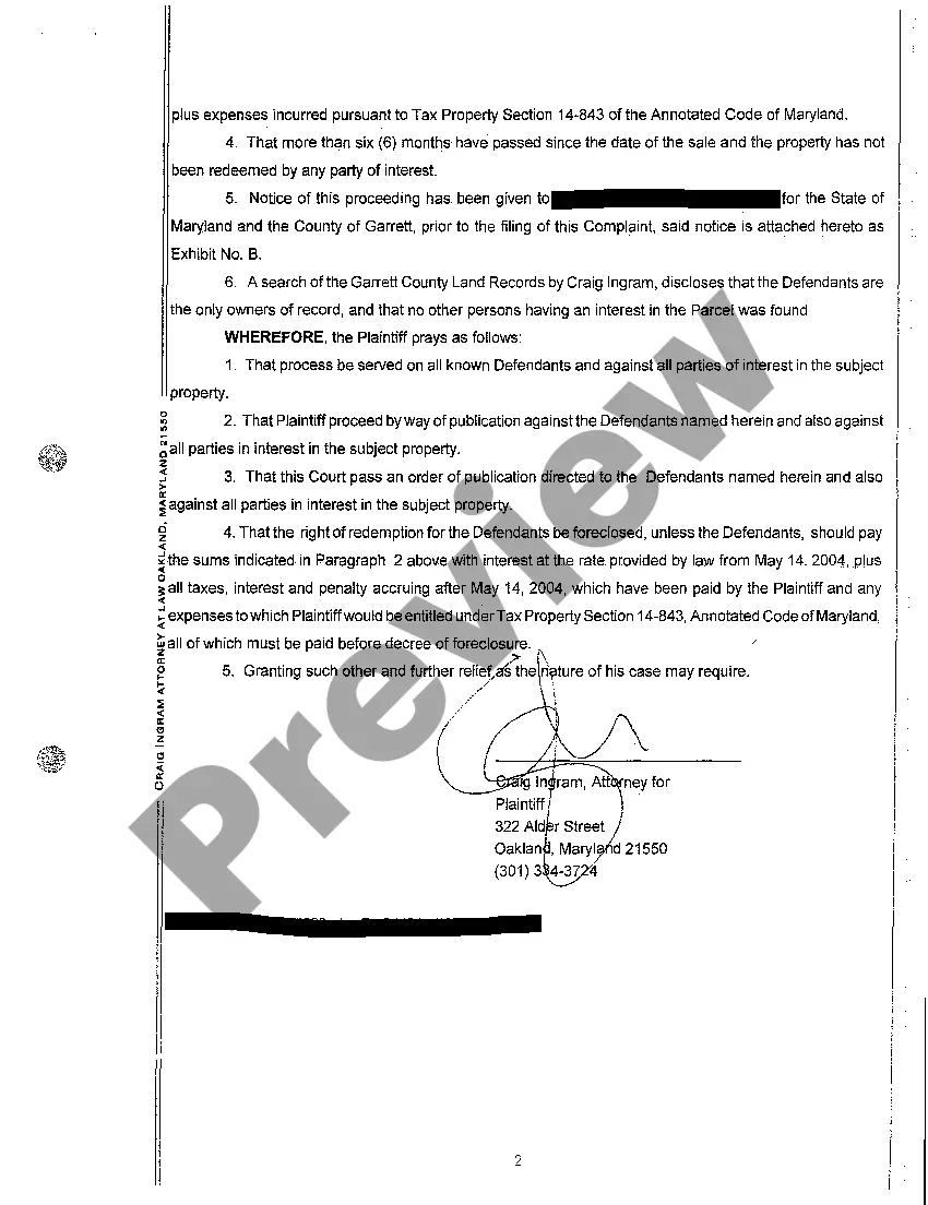 Get A02 Complaint to Foreclose Right of Redemption Preview A02 Complaint to Foreclose Right of Redemption