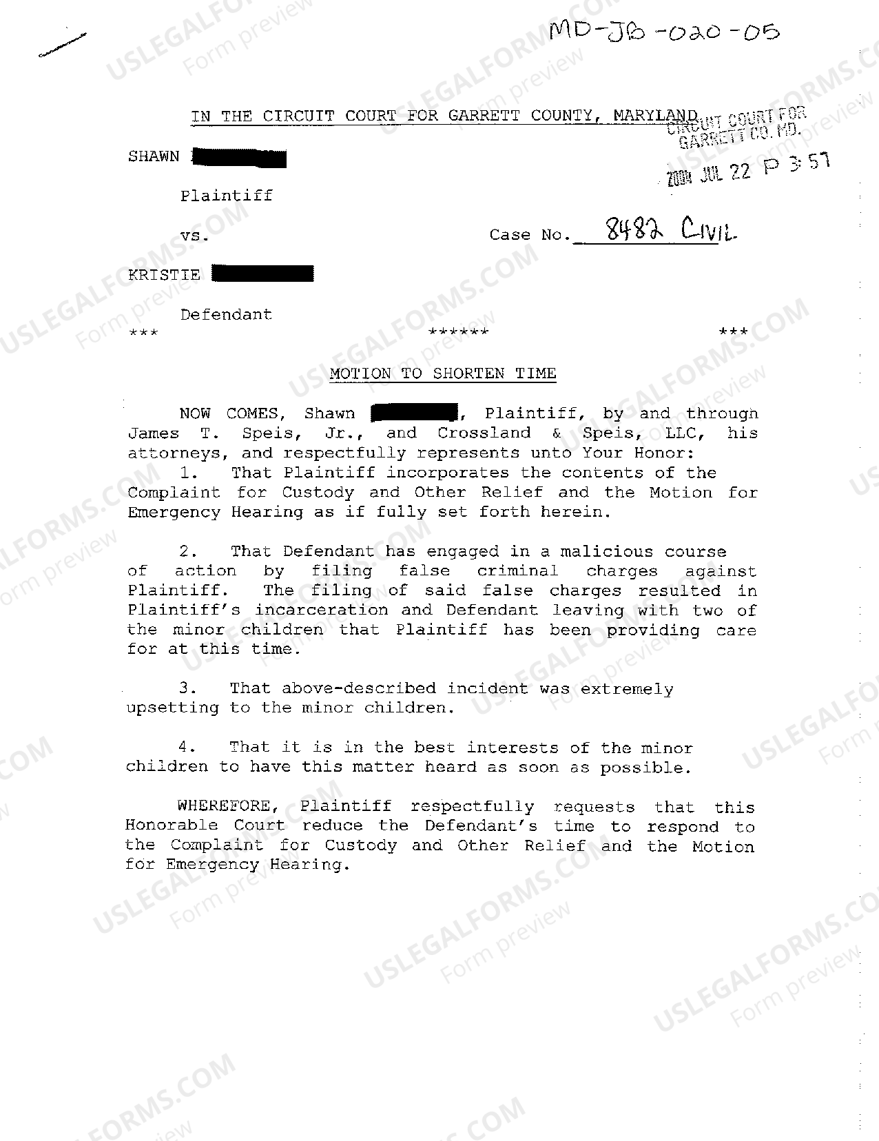 Maryland Motion to Shorten Time Motion To Shorten Time Maryland US