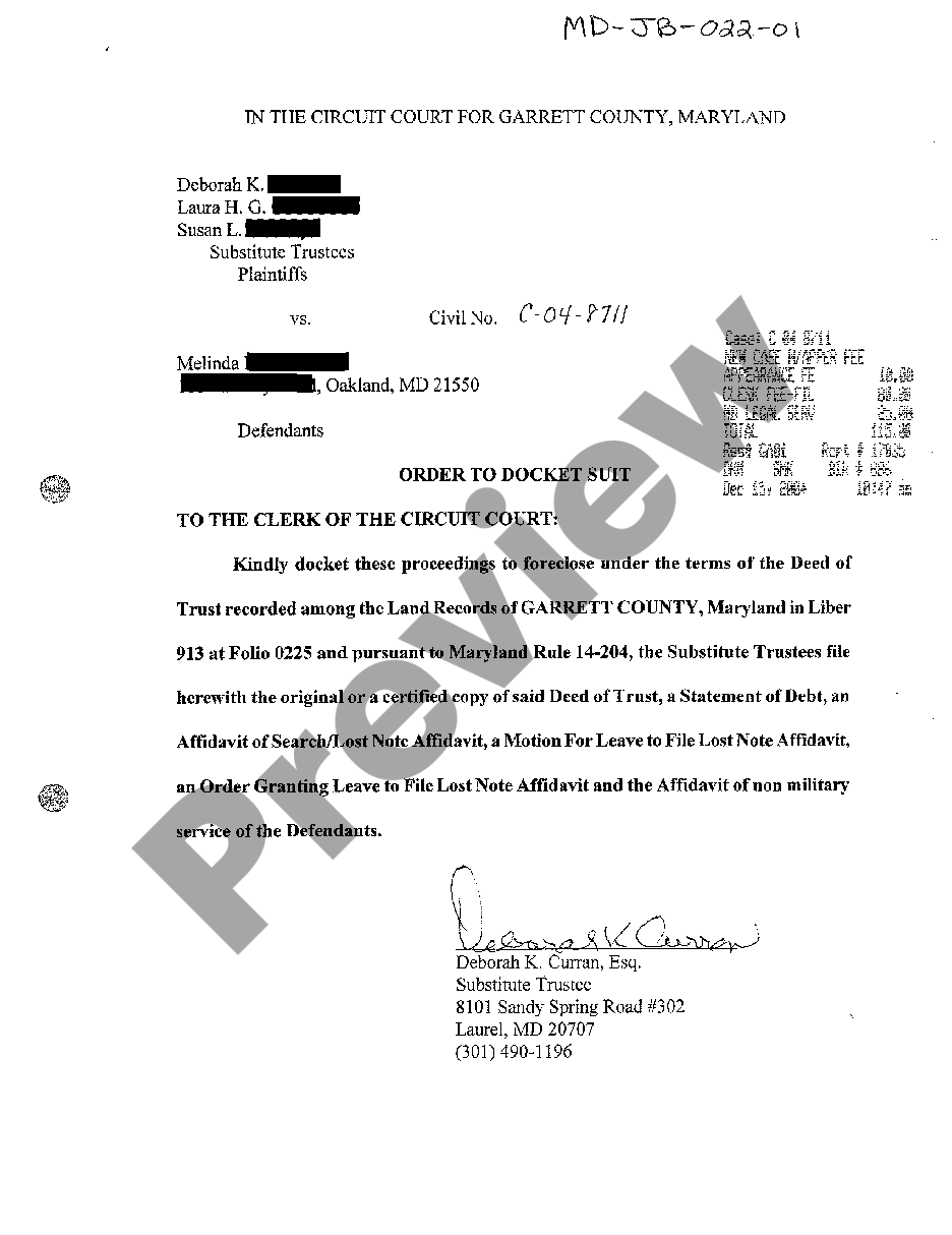 Maryland Order to Docket Suit | US Legal Forms