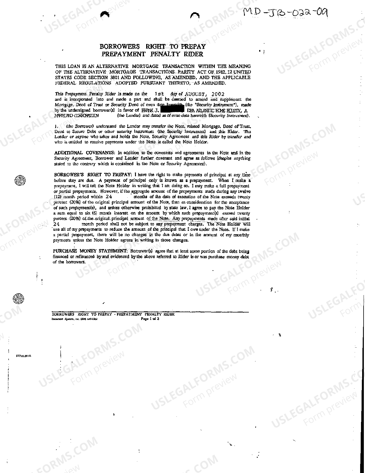 Maryland Borrowers Right to Prepay Prepayment Penalty Rider - Maryland ...