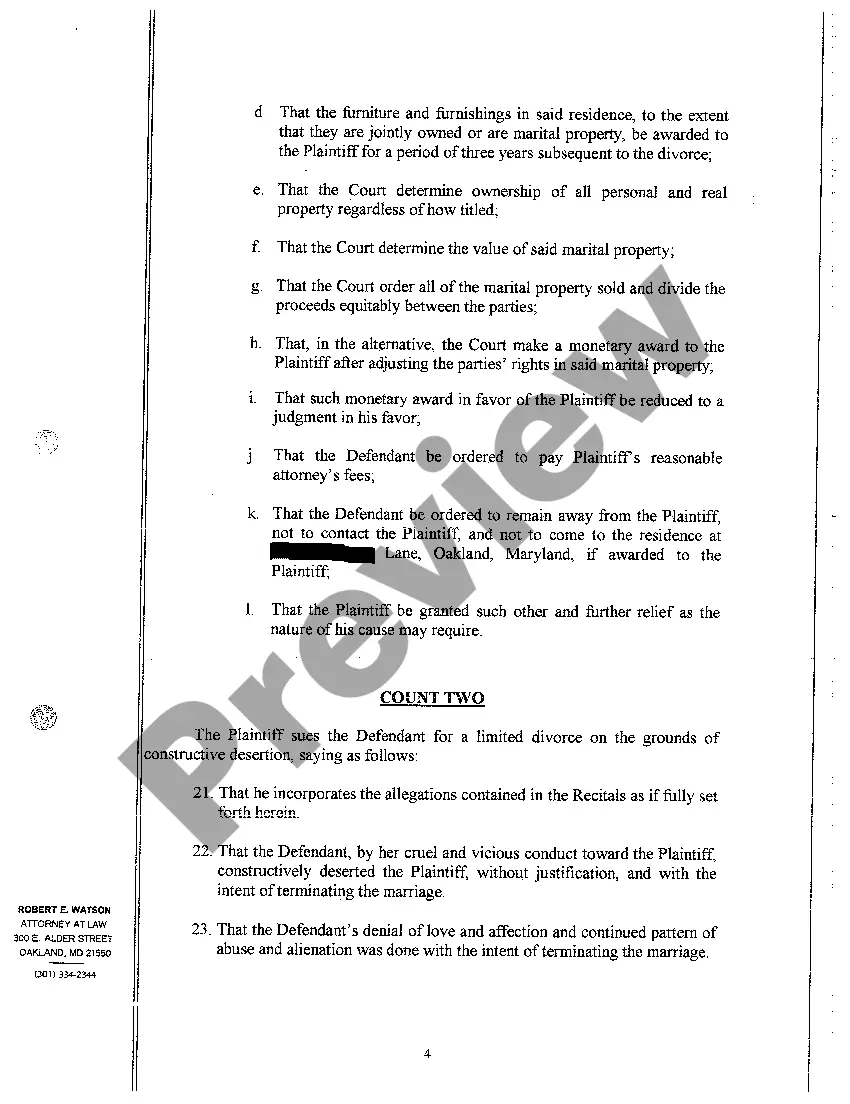 Preview A02 Complaint for Absolute Divorce or in the Alternative, for a Limited Divorce