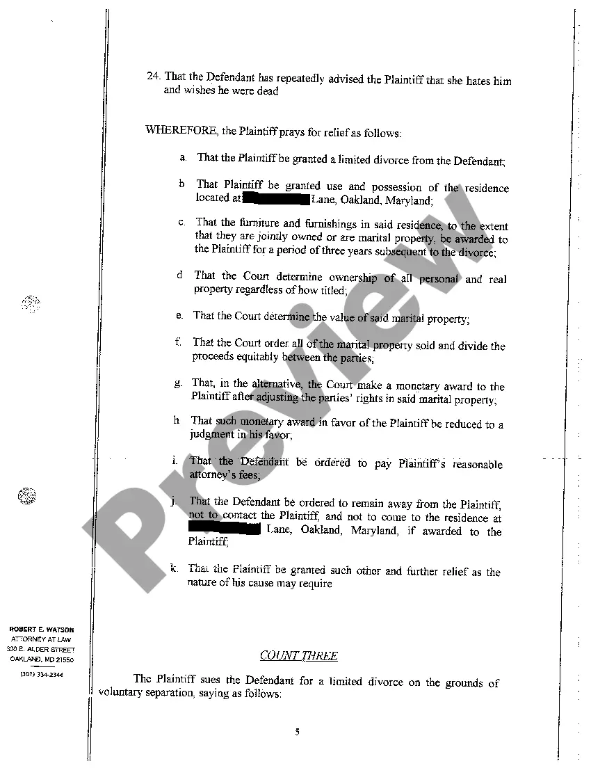 Preview A02 Complaint for Absolute Divorce or in the Alternative, for a Limited Divorce