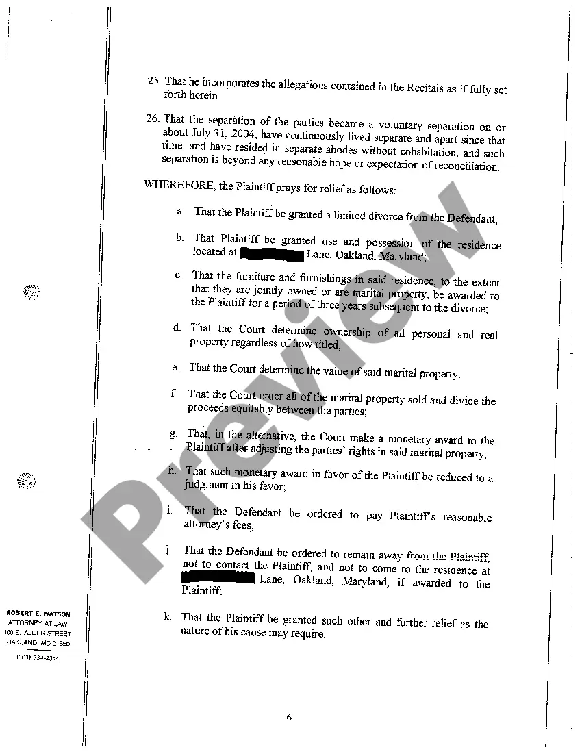 Preview A02 Complaint for Absolute Divorce or in the Alternative, for a Limited Divorce