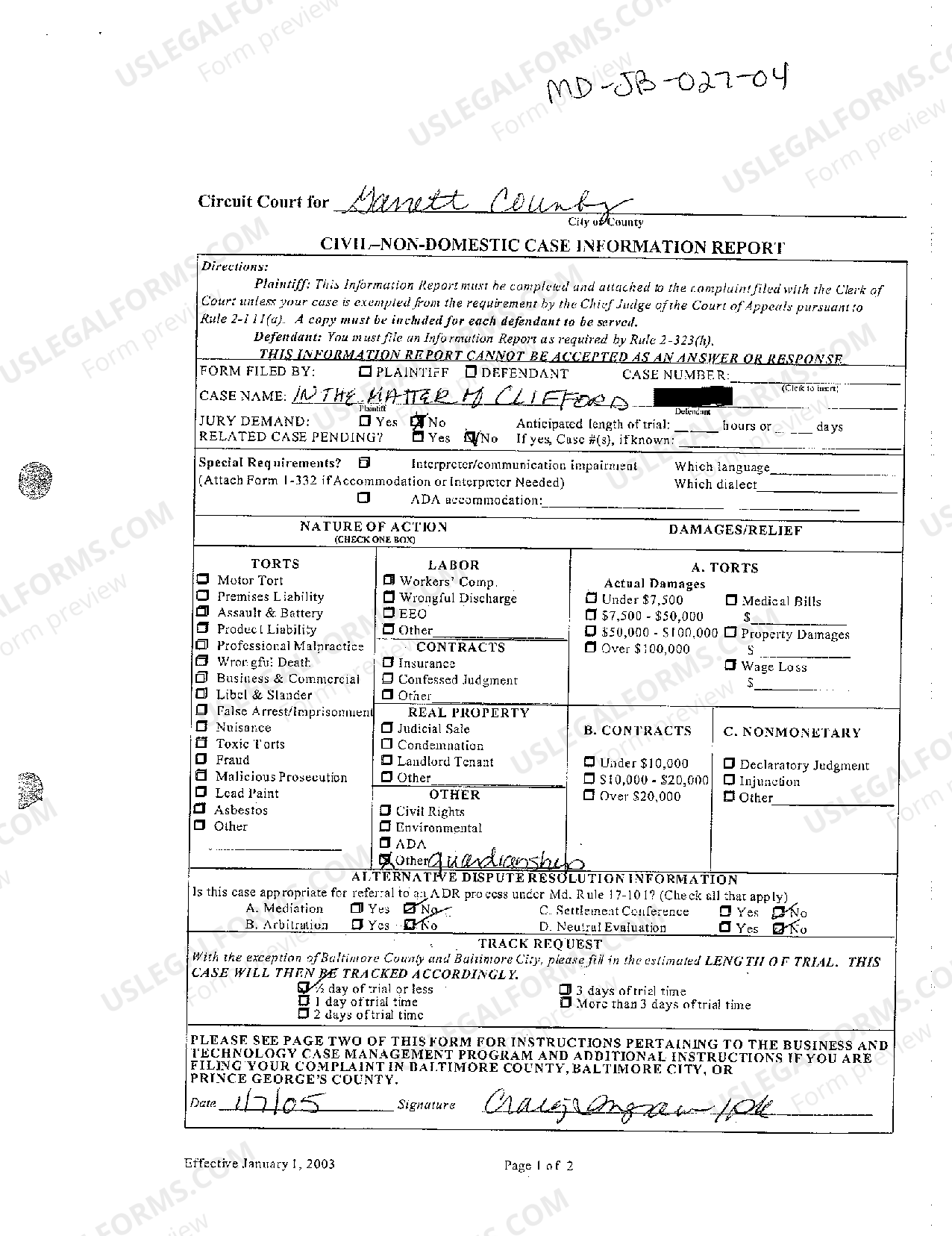 Maryland Civil NonDomestic Case Information Report US Legal Forms