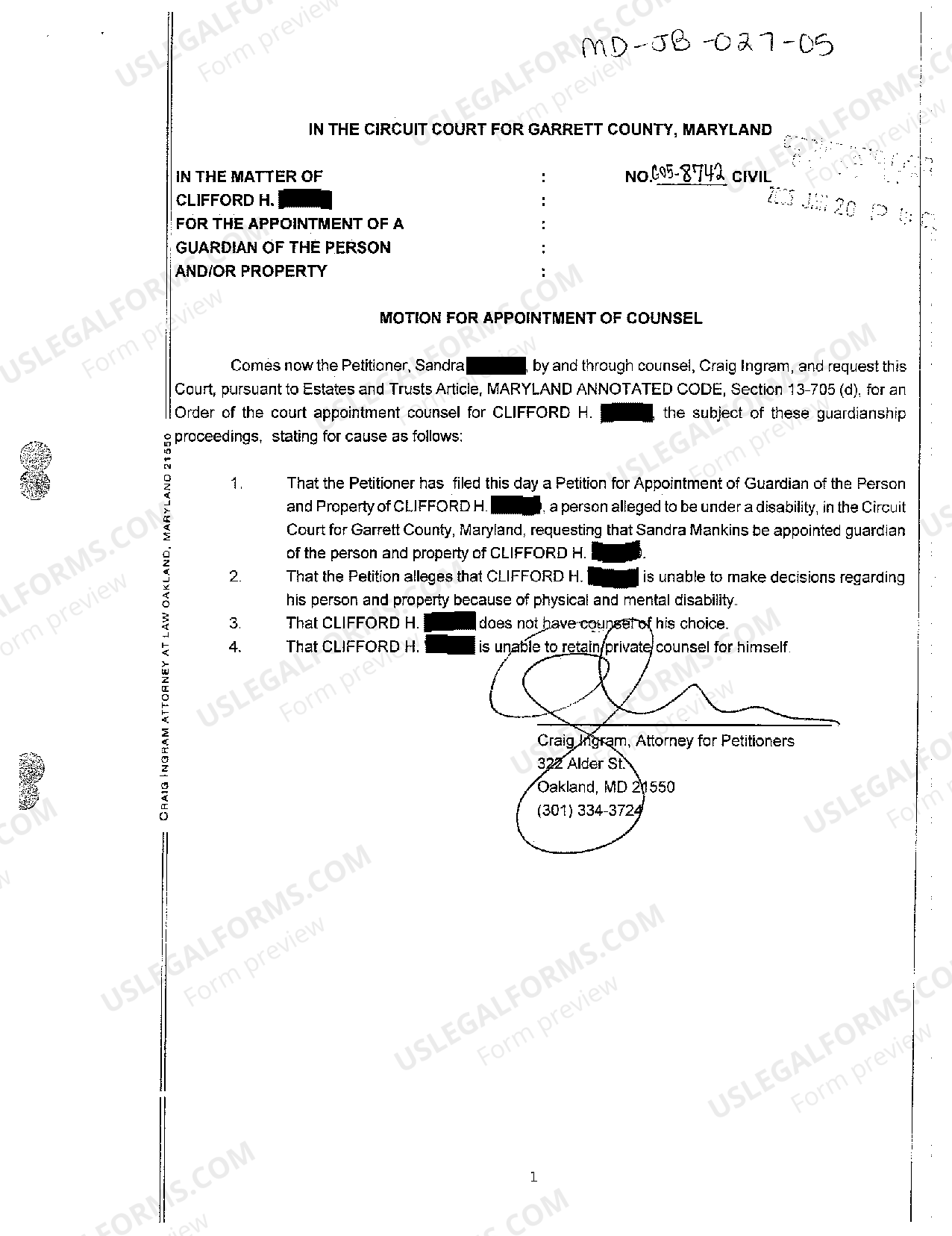 Maryland Motion for Appointment of Counsel US Legal Forms