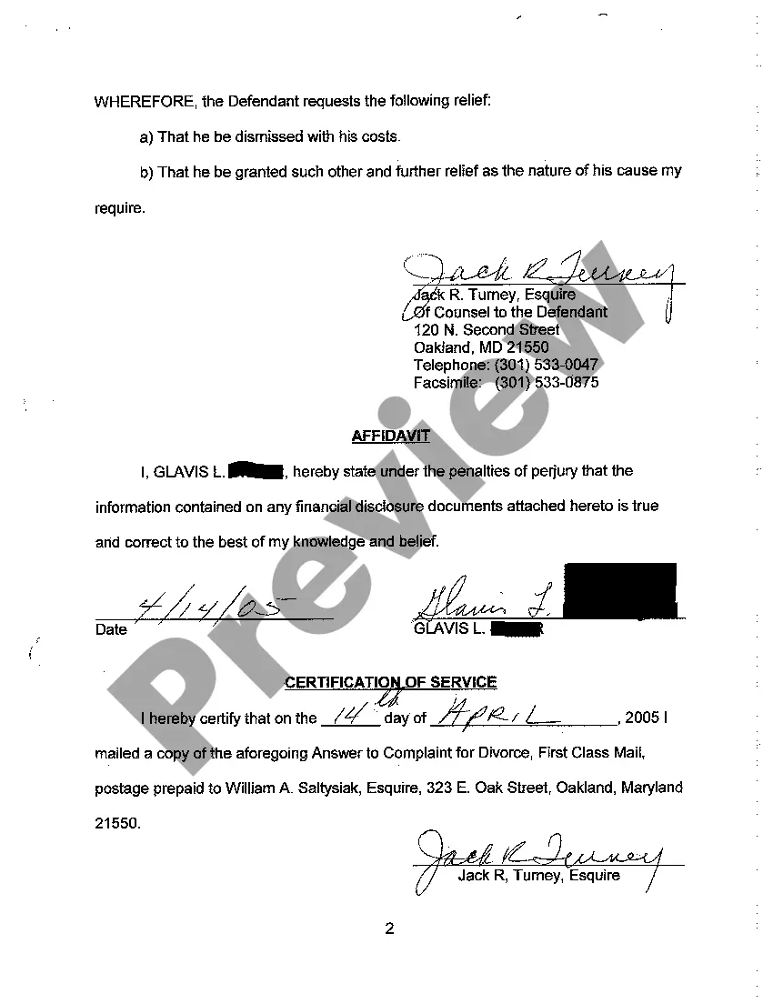 Preview A07 Answer to Complaint for Divorce