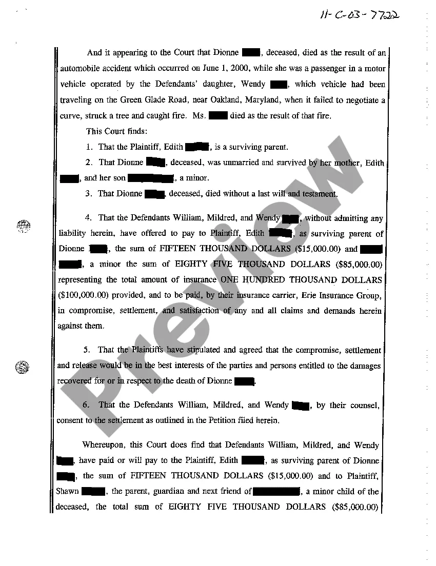 Get A05 Final Order Approving Petition to Compromise and Settle Wrongful Death and Survival Claims and for Order of Distribution Preview A05 Final Order Approving Petition to Compromise and Settle Wrongful Death and Survival Claims and for Order of Distribution