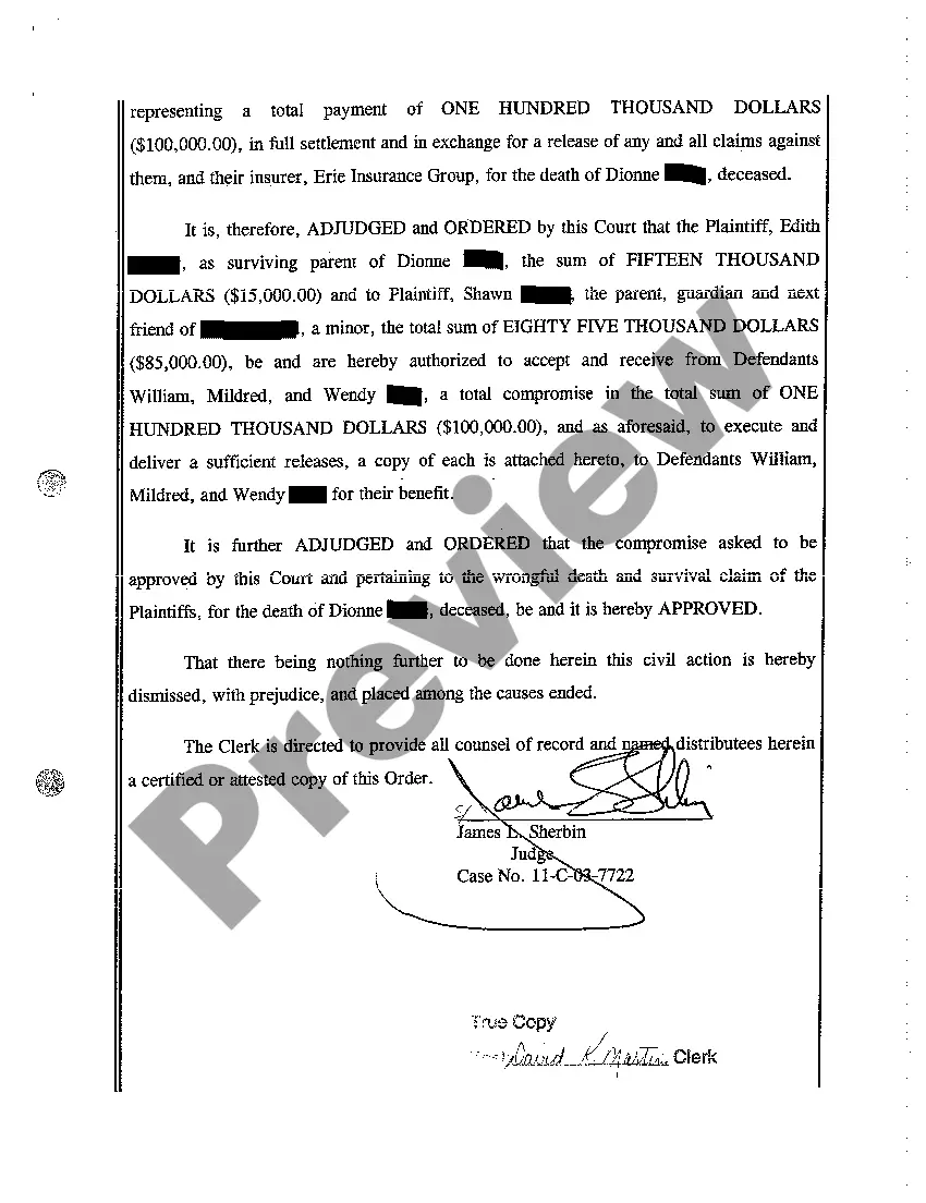 Get A05 Final Order Approving Petition to Compromise and Settle Wrongful Death and Survival Claims and for Order of Distribution Preview A05 Final Order Approving Petition to Compromise and Settle Wrongful Death and Survival Claims and for Order of Distribution