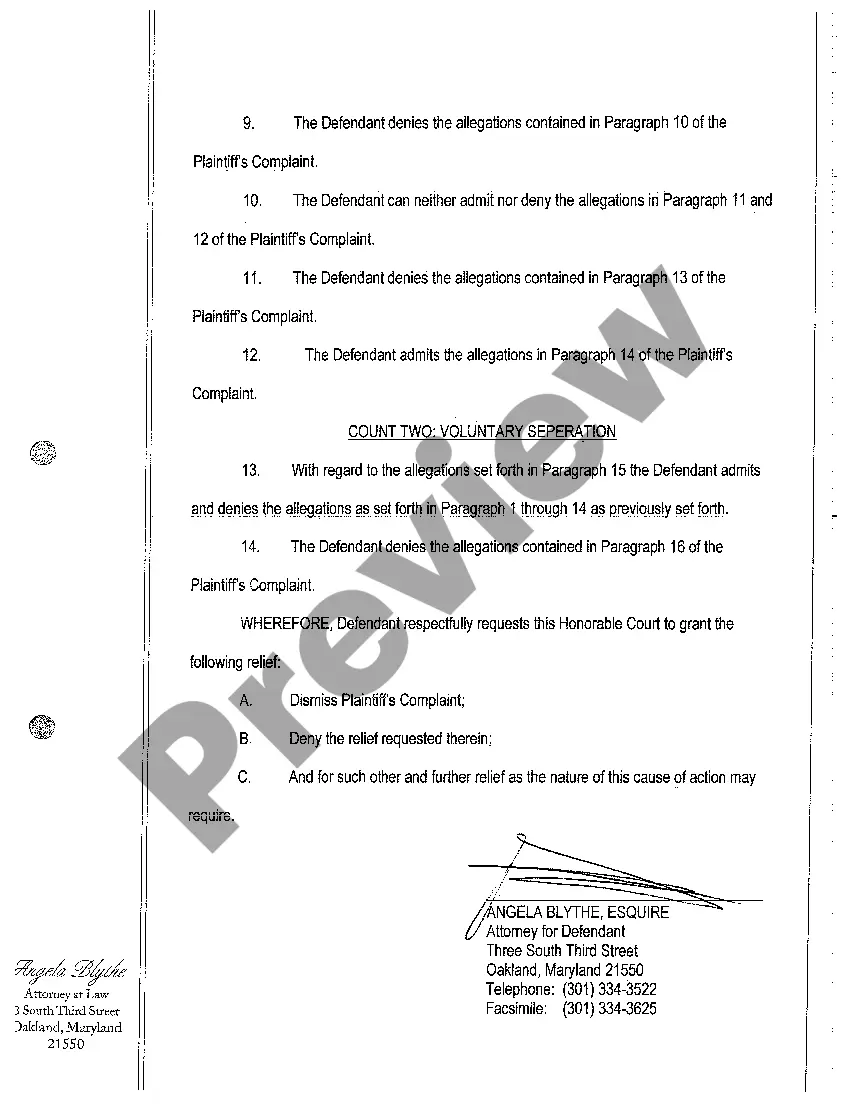 Get A07 Answer to Complaint for Limited - Absolute Divorce Preview A07 Answer to Complaint for Limited - Absolute Divorce