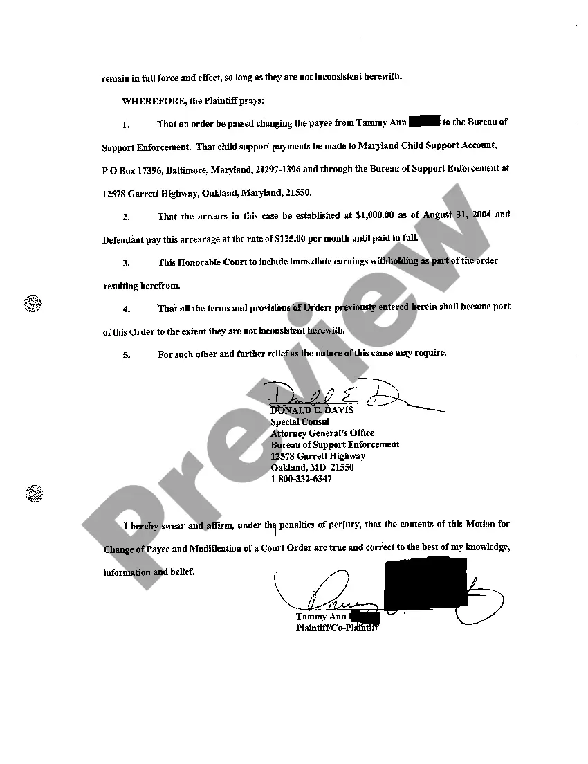 Preview A12 Motion for Change of Payee and Modification of Court Order