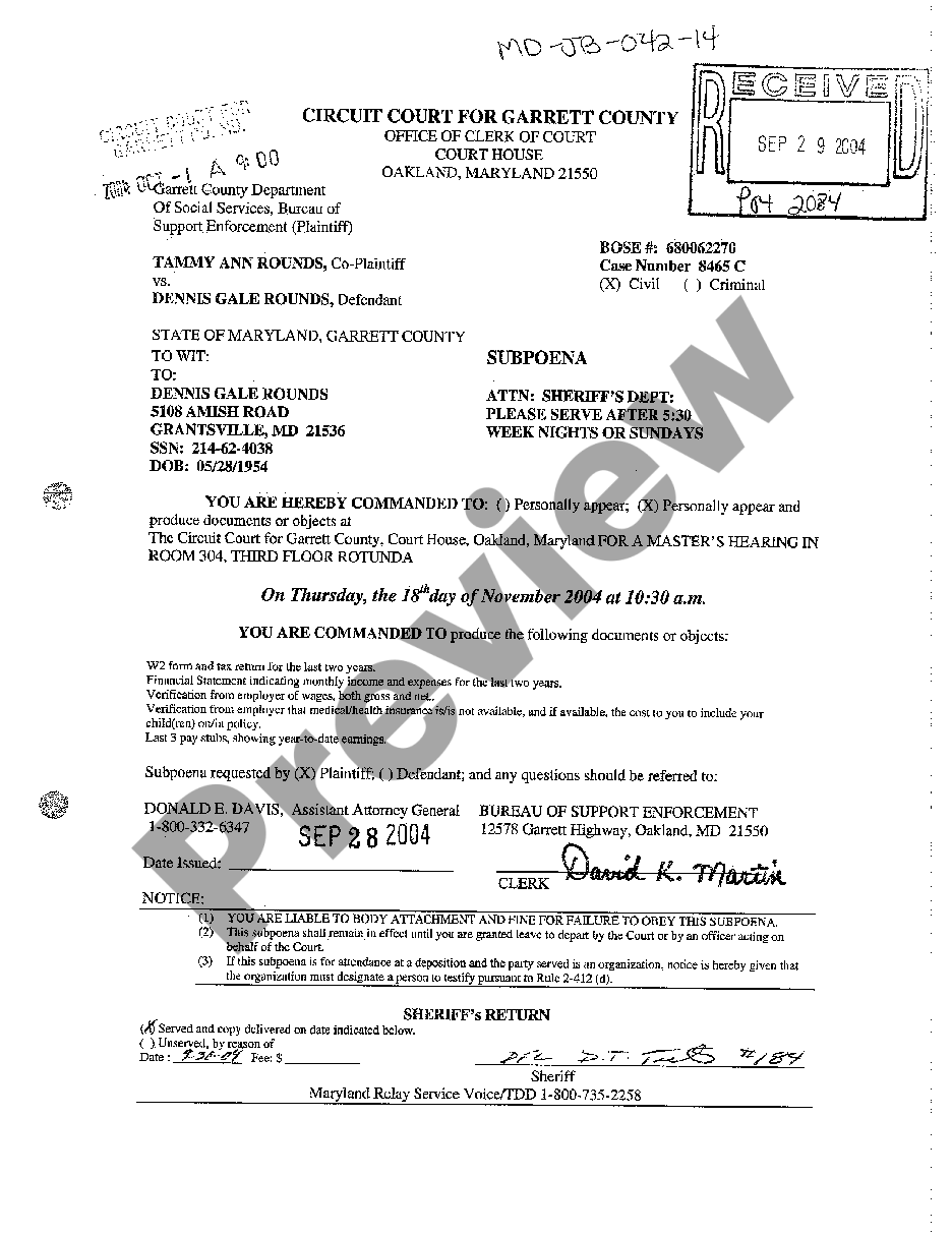 Maryland Subpoena Form | US Legal Forms