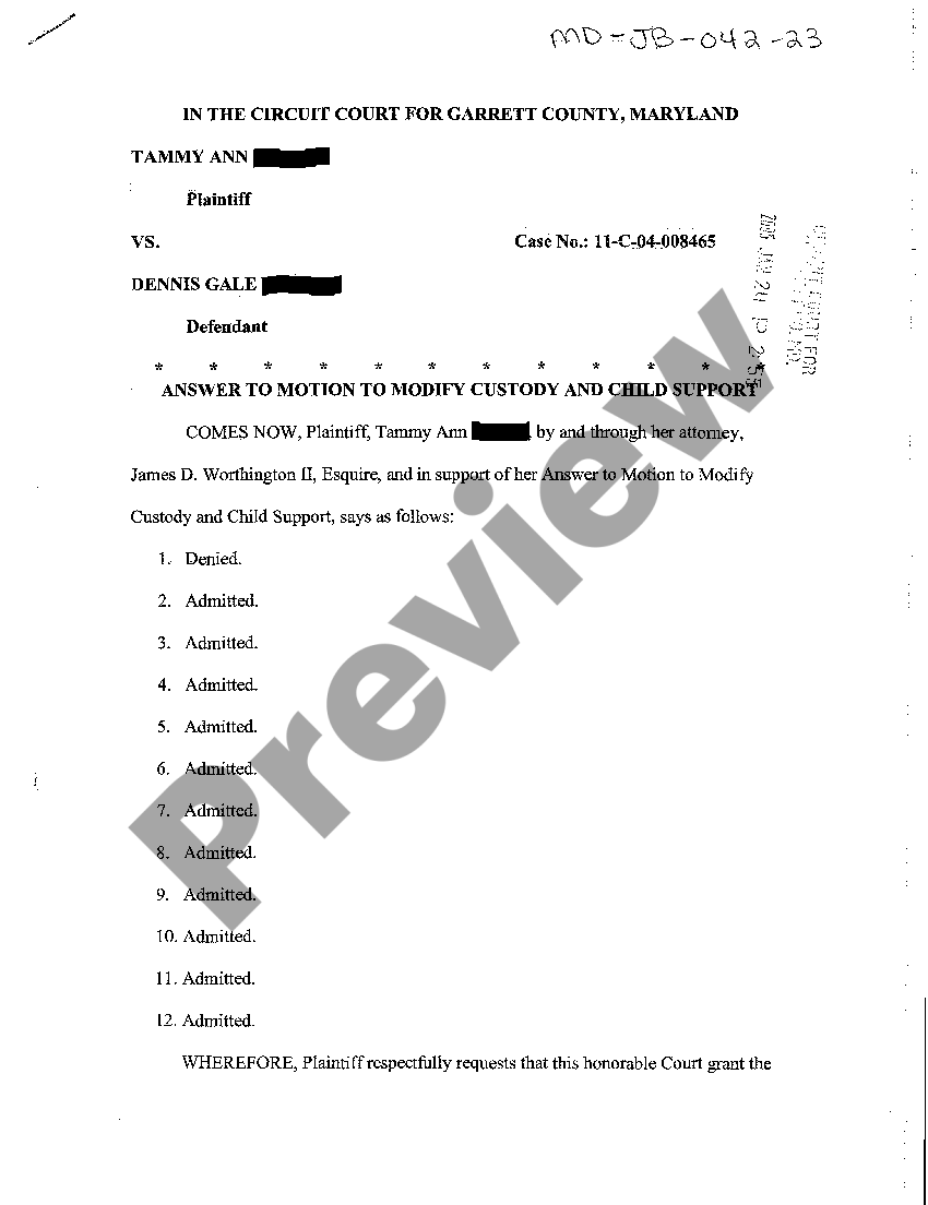 Maryland answer to motion to modify custody and child support child