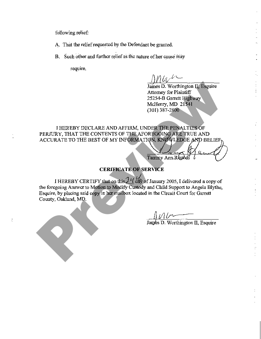 Maryland Answer To Motion To Modify Custody And Child Support Child