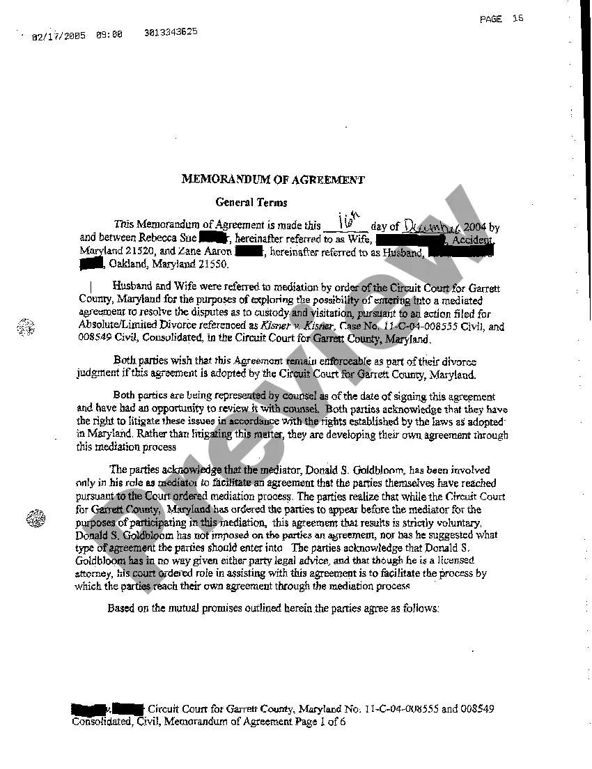 Preview A09 Exhibit 1 Memorandum of Custody Visitation and Support Agreement