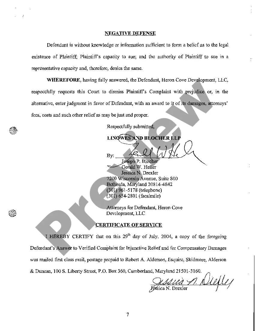 Get A04 Defendant's Answer to Verified Complaint for Injunctive Relief and for Compensatory Damages Preview A04 Defendant's Answer to Verified Complaint for Injunctive Relief and for Compensatory Damages