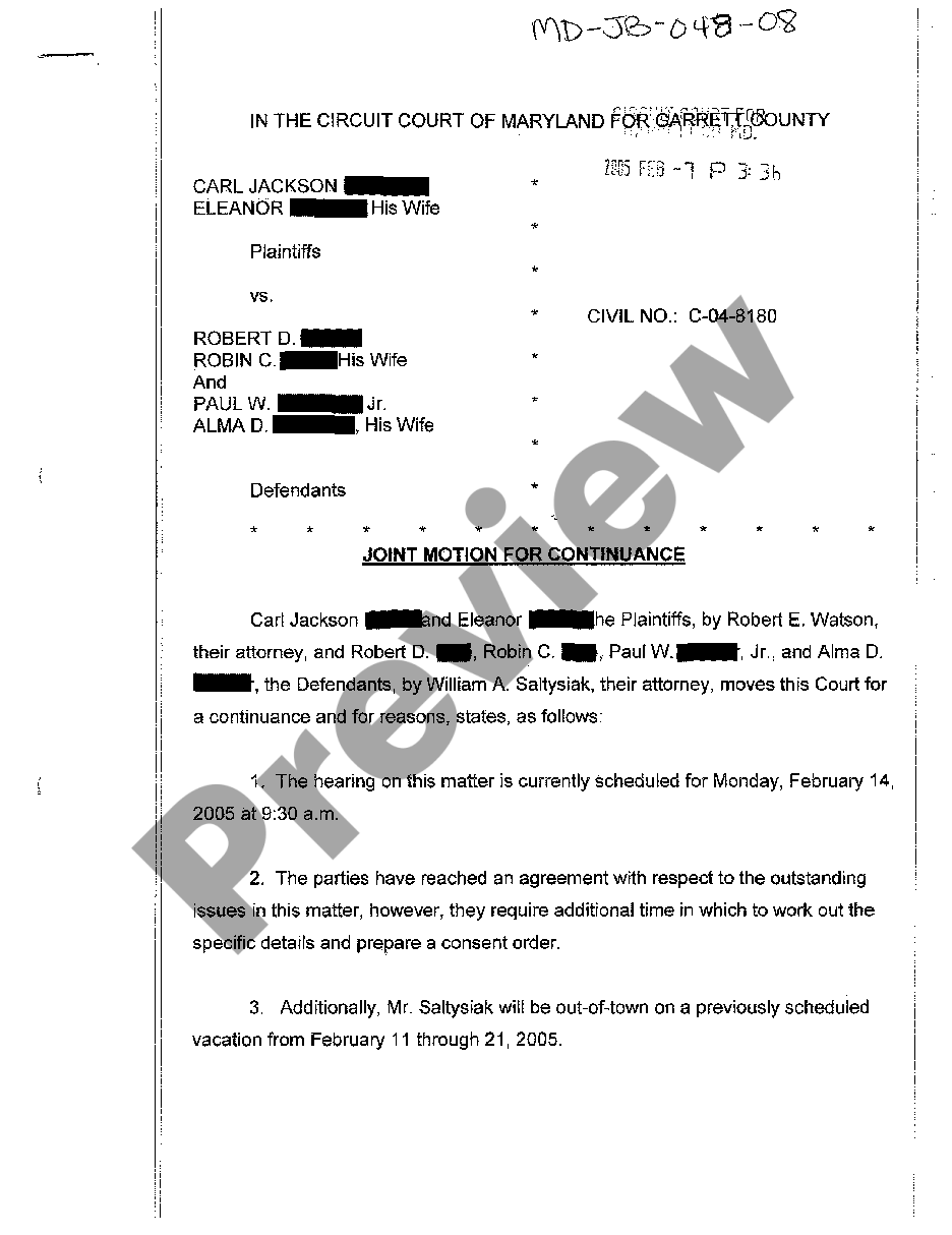 Maryland Joint Motion For Continuance Motion For Continuance Maryland Us Legal Forms 5446