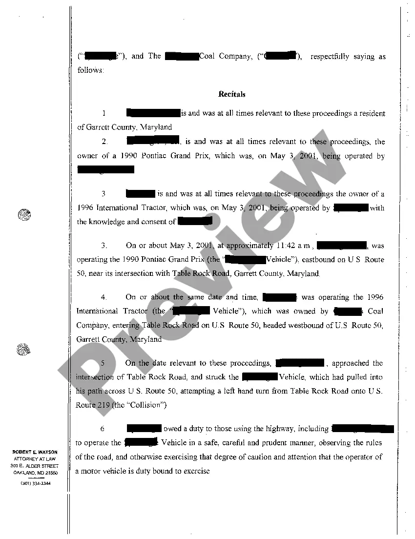 Preview A01 Complaint Personal Injury and Property Damage Due to Negligent Operation of Motor Vehicle