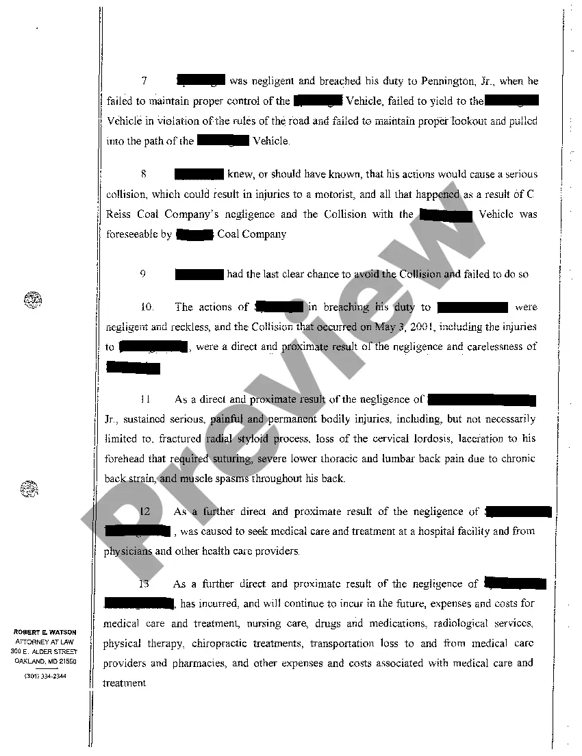 Preview A01 Complaint Personal Injury and Property Damage Due to Negligent Operation of Motor Vehicle
