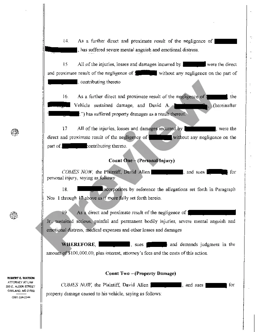 Preview A01 Complaint Personal Injury and Property Damage Due to Negligent Operation of Motor Vehicle