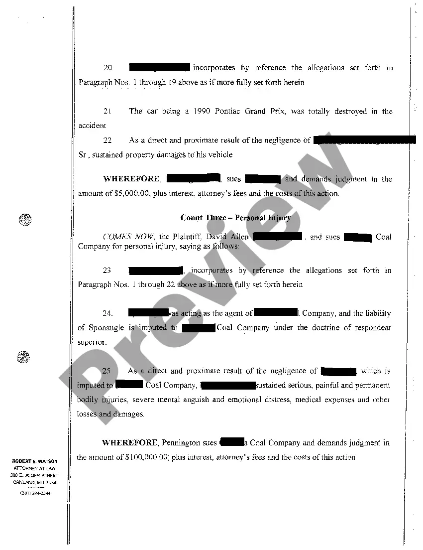 Preview A01 Complaint Personal Injury and Property Damage Due to Negligent Operation of Motor Vehicle