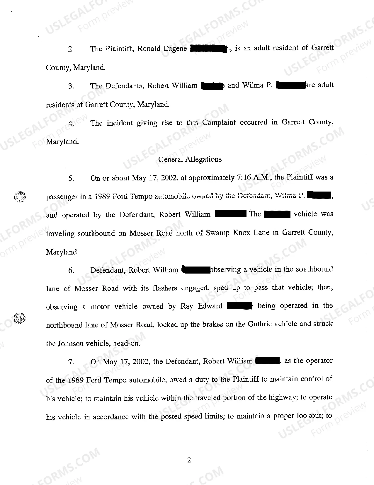 Preview A01 Complaint and Prayer for Jury Trial - Personal Injury Due to Negligent Operation of Motor Vehicle