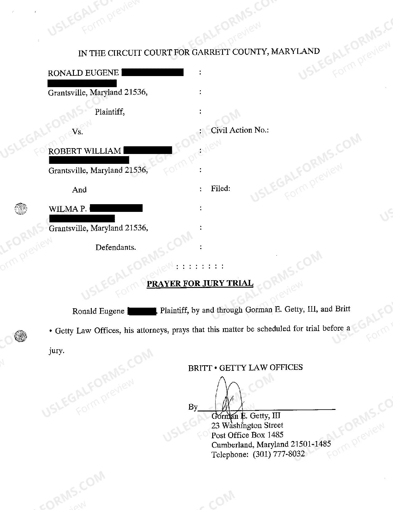 Preview A01 Complaint and Prayer for Jury Trial - Personal Injury Due to Negligent Operation of Motor Vehicle