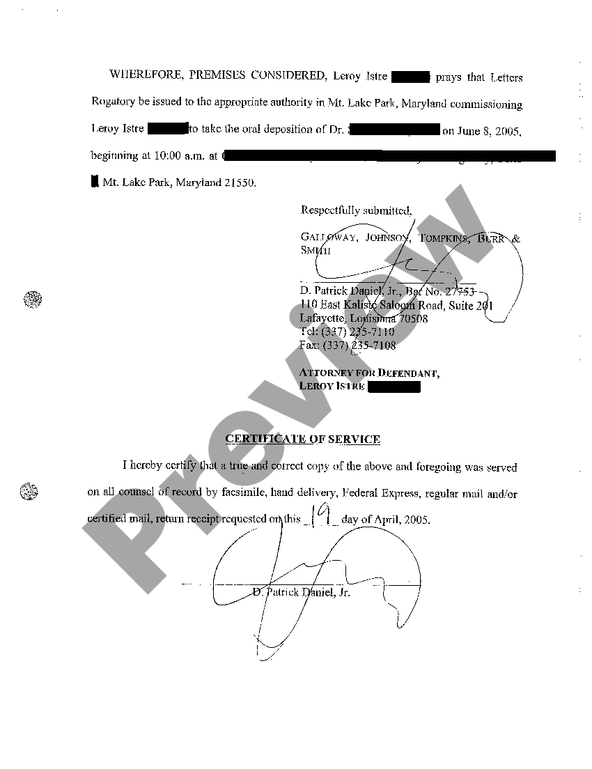 Maryland Petition for Letters Rogatory Letter Rogatory Sample US