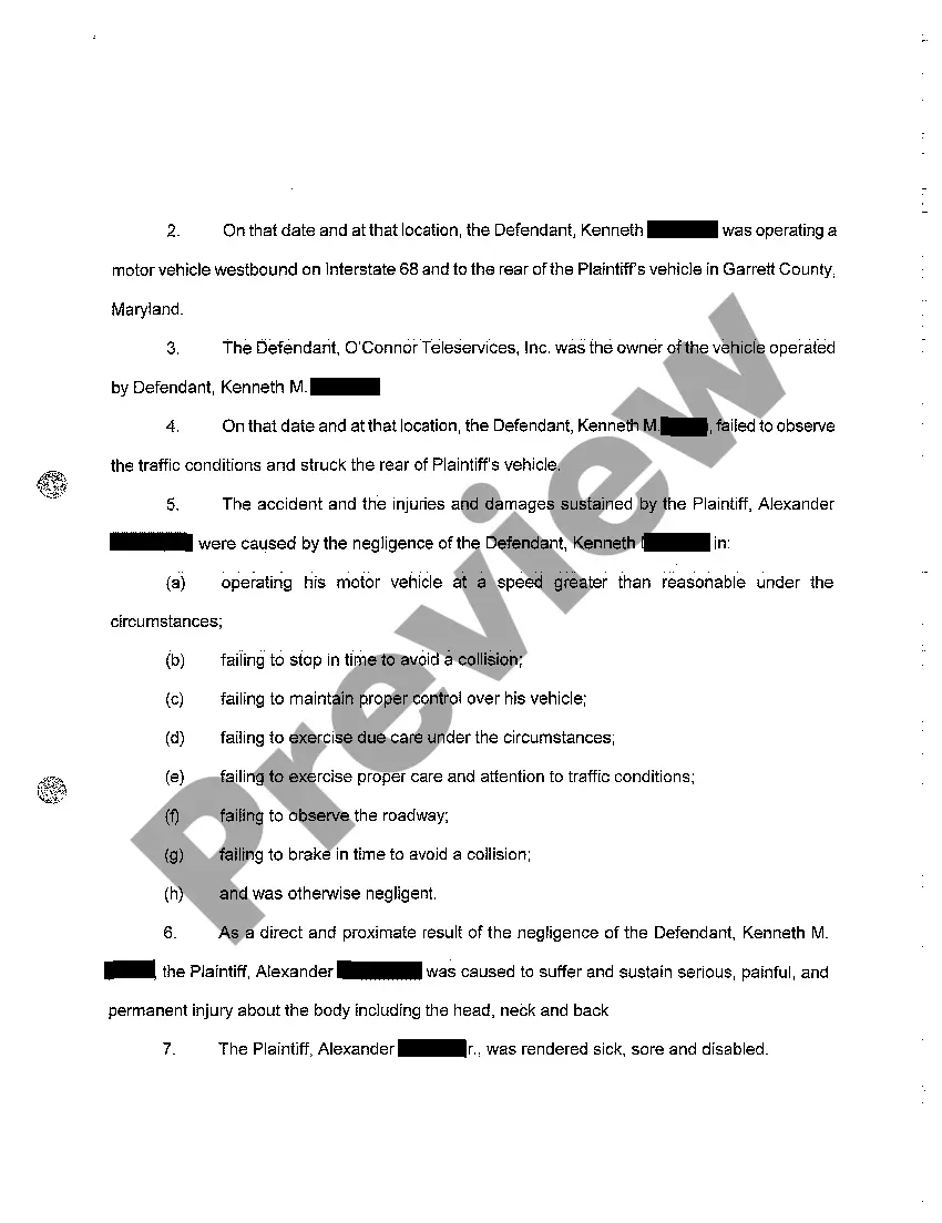 Preview A01 Complaint Personal Injury Due to Negligent Operation of Motor Vehicle