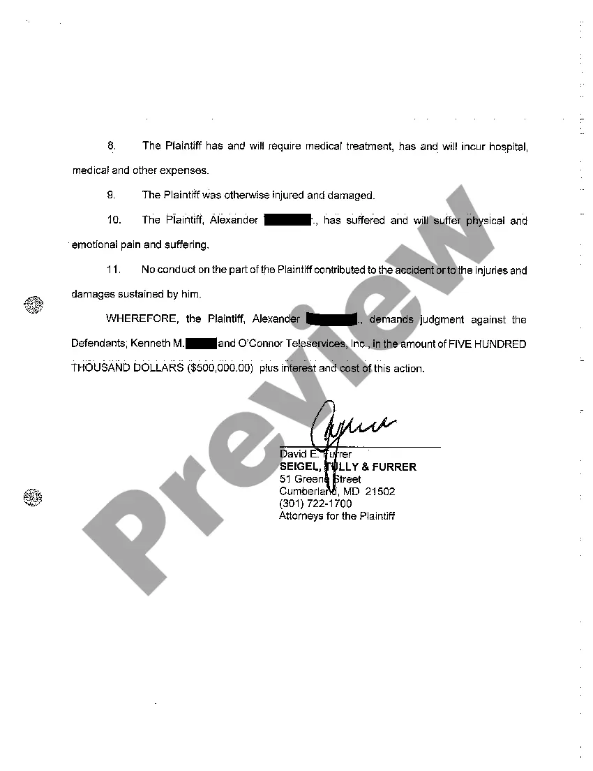 Preview A01 Complaint Personal Injury Due to Negligent Operation of Motor Vehicle