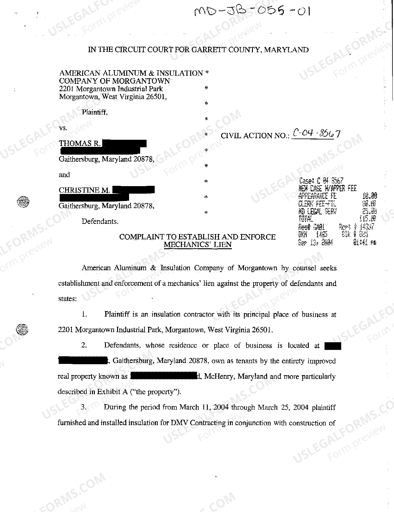 Maryland Complaint to Establish and Enforce Mechanics' Lien US Legal