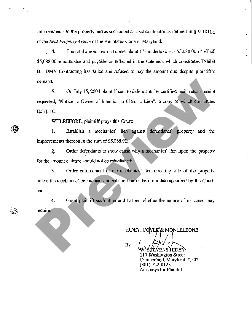 Get A01 Complaint to Establish and Enforce Mechanics' Lien Preview A01 Complaint to Establish and Enforce Mechanics' Lien