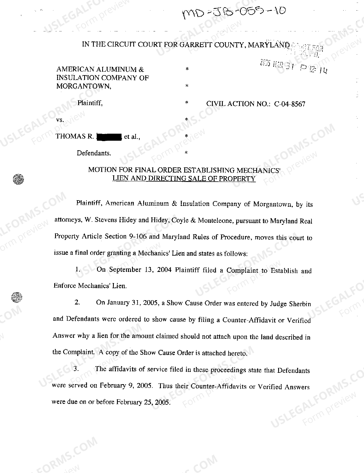 Maryland Motion for Final Order Establishing Mechanics' Lien and