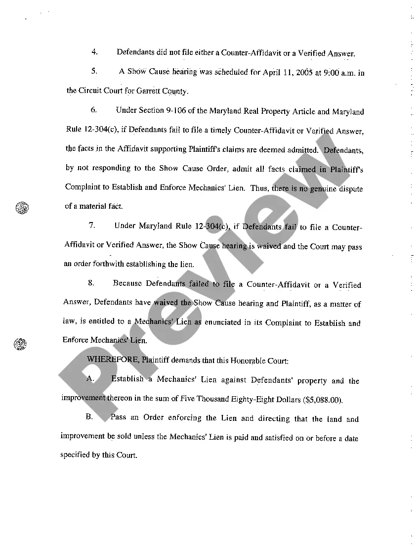 Preview A10 Motion for Final Order Establishing Mechanics' Lien and Directing Sale of Property
