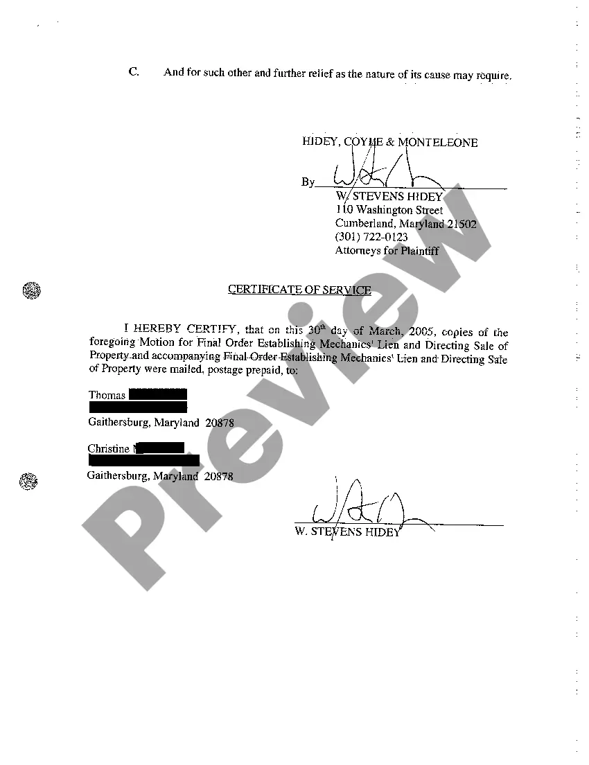 Preview A10 Motion for Final Order Establishing Mechanics' Lien and Directing Sale of Property