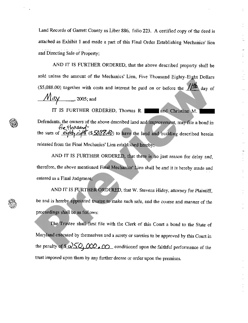 Get A12 Final Order Establishing Mechanics' Lien and Directing Sale of Property Preview A12 Final Order Establishing Mechanics' Lien and Directing Sale of Property